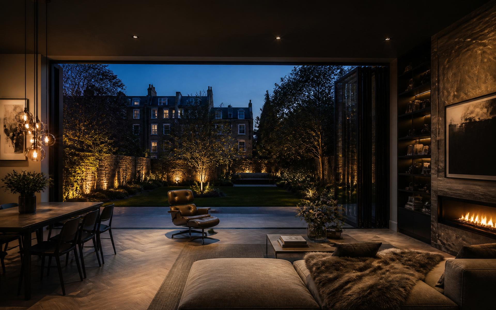 Luxurious London interior at dusk seen through bi-folding doors