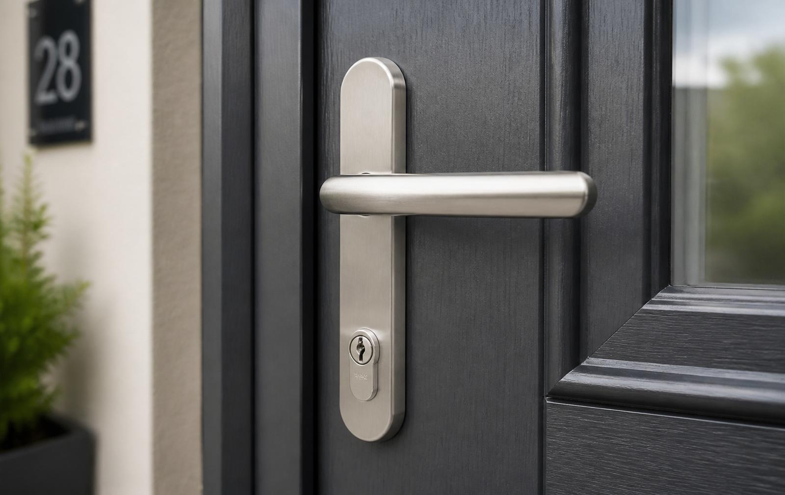 Close-up of a composite door handle being installed