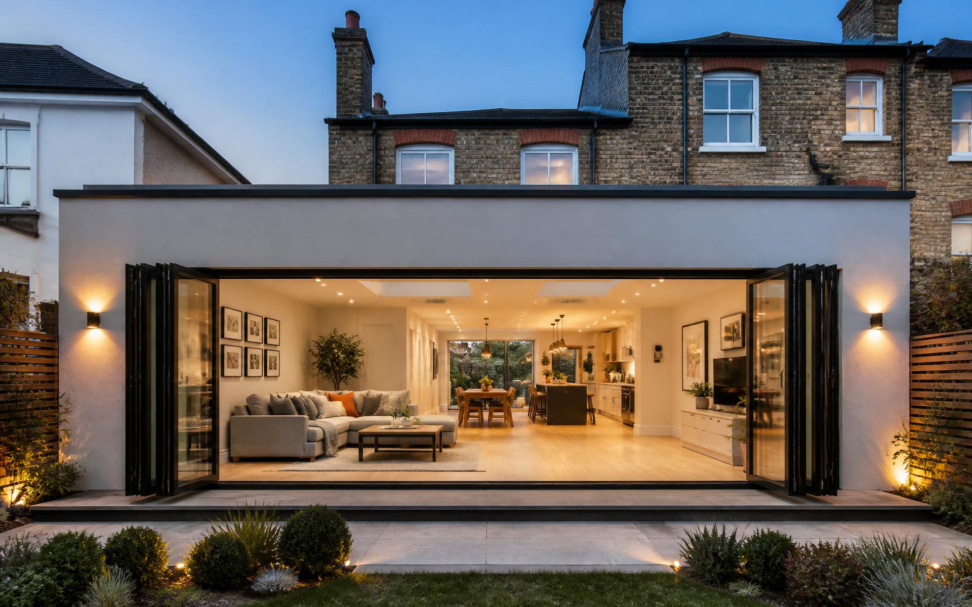 Modern London rear extension with aluminium bi-fold doors open to a garden