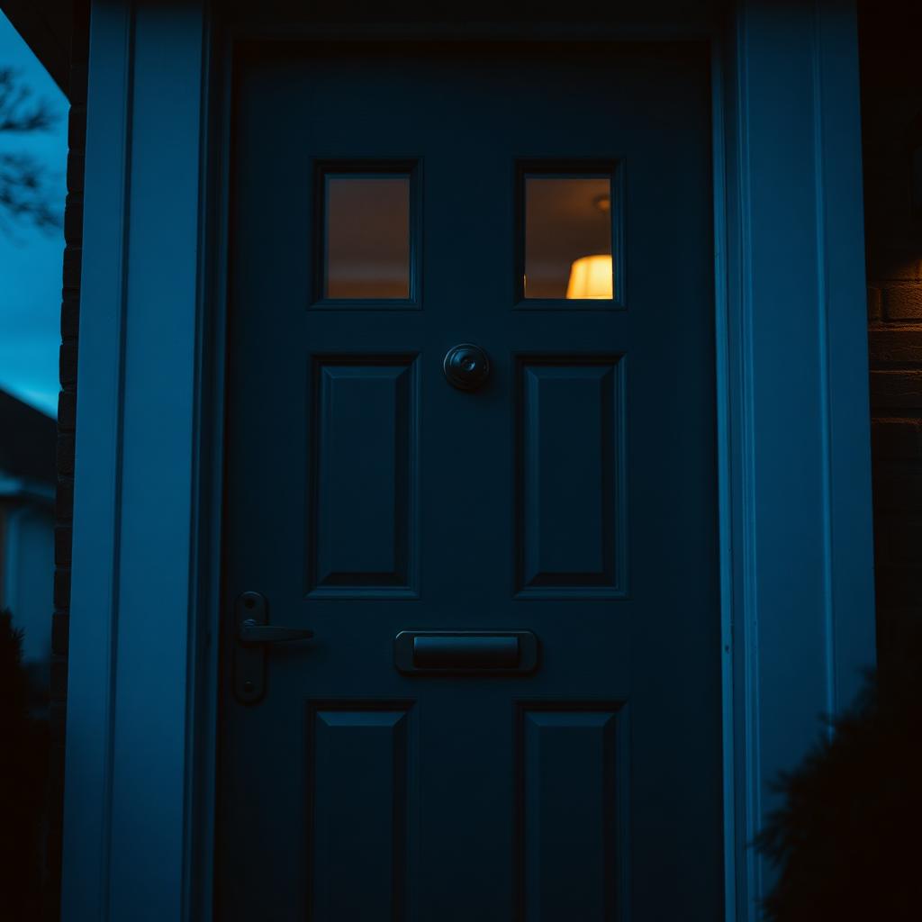 Composite front door at dusk